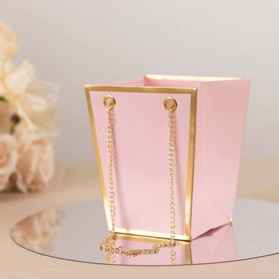 6 Pack Pink Gold Edge Paper Flower Gift Bags With Metal Chain Handles Trapezoid Party Favor Tote Bags - 5’’x6’’ - Favor