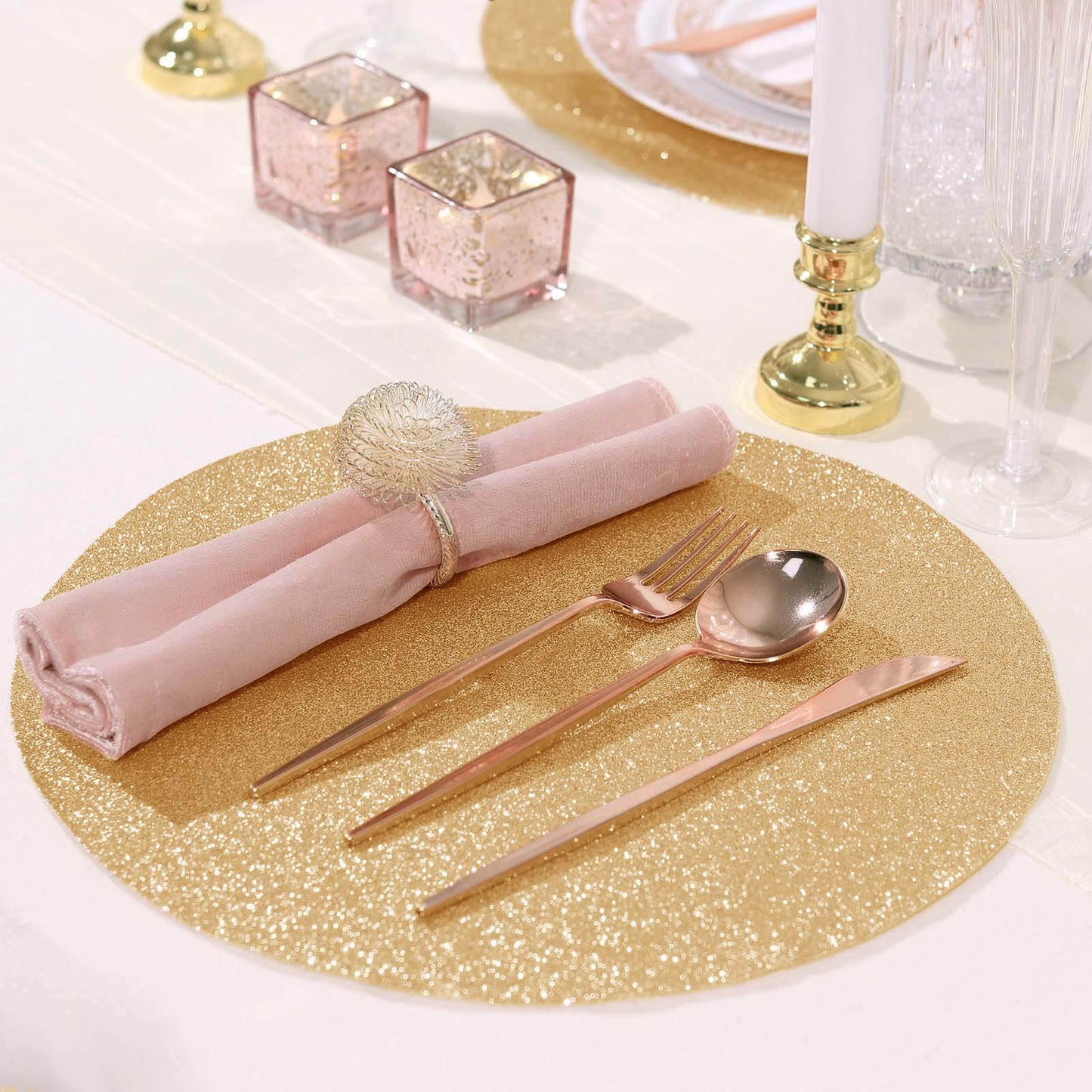 6-Pack Placemats Glitter Design Champagne Sparkle Round - Non-Slip Decorative Dining Table Mats 13"