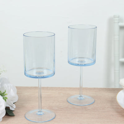 6-Pack Plastic Cocktail Glasses Transparent Dusty Blue Cylindrical Long Stem - Shatterproof Tumblers 10oz - Drinkware