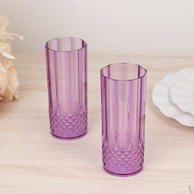 6-Pack Plastic Cocktail Tumblers Purple Transparent Crystal Cut Style - Shatterproof Highball Glasses 14oz - Drinkware
