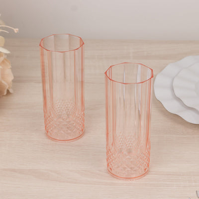 6-Pack Plastic Cocktail Tumblers Transparent Blush Crystal Cut Style - Shatterproof Highball Glasses 14oz