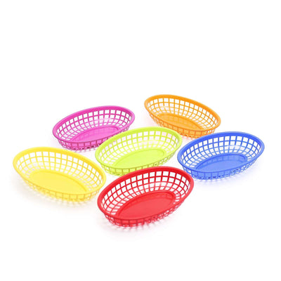 6-Pack Plastic Food Baskets with 50 Wax Paper Liners Assorted Colors - Durable Oval Deli Serving Trays - Disposables