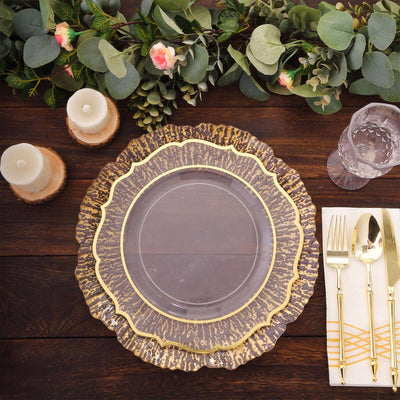 6-Pack Plastic Round Charger Plates 12’’ in Clear with Gold Brushed Scalloped Reef Rim Decorative Dinner Party Serving