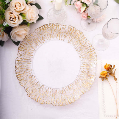 6-Pack Plastic Round Charger Plates 12’’ in Clear with Gold Brushed Scalloped Reef Rim Decorative Dinner Party Serving