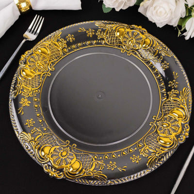 6-Pack Plastic Round Charger Plates 13’’ in Clear with Gold Florentine Embossed Rim Exquisite Dinner Serving Plates