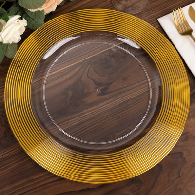 6-Pack Plastic Round Charger Plates 13’’ in Clear with Gold Lined Ring Rim Classy Dinner Serving Plates - Decorative