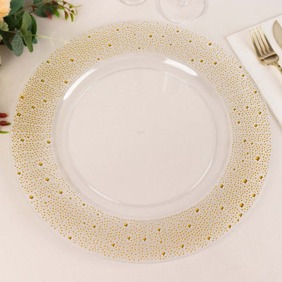 6-Pack Plastic Round Charger Plates 13’’ in Clear with Gold Pearl Beaded Rim Upscale Dinner Serving Plates - Decorative