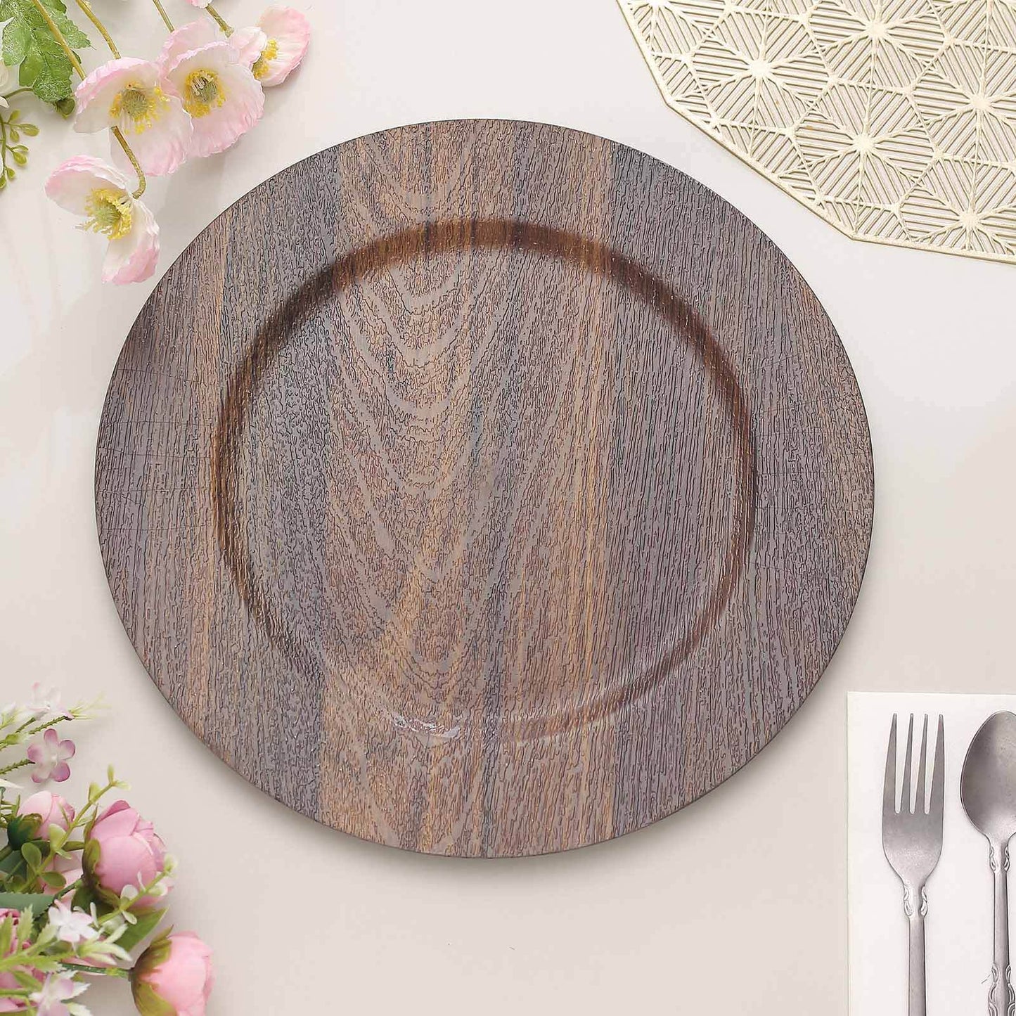 6-Pack Plastic Round Charger Plates 13" in Dark Brown with Faux Wood Finish, Rustic Boho Chic Dinner Party Charger Tableware