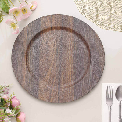 6-Pack Plastic Round Charger Plates 13" in Dark Brown with Faux Wood Finish, Rustic Boho Chic Dinner Party Charger Tableware