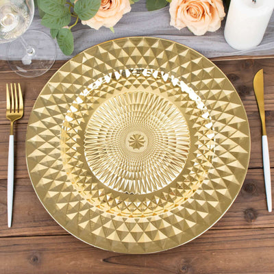 6-Pack Plastic Round Charger Plates 13’’ in Gold with Diamond Pattern Sparkling Disposable Dinner Charger Tableware