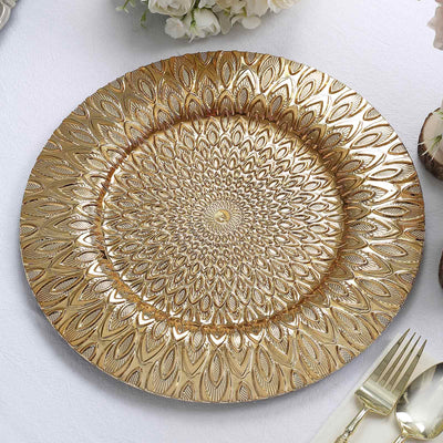 6-Pack Plastic Round Charger Plates 13’’ in Gold with Embossed Peacock Pattern Stylish Disposable Charger Tableware