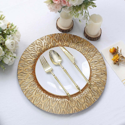 6-Pack Plastic Round Charger Plates 13’’ in Gold with Embossed Peacock Pattern Stylish Disposable Charger Tableware