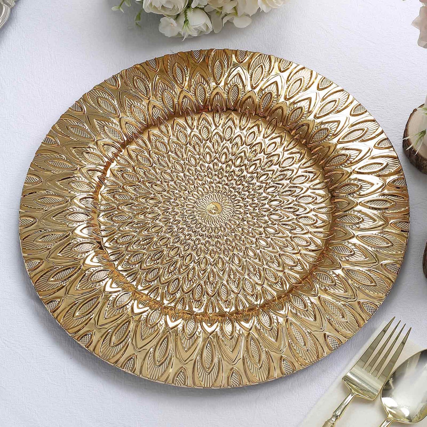 6-Pack Plastic Round Charger Plates 13" in Gold with Embossed Peacock Pattern, Stylish Disposable Charger Tableware