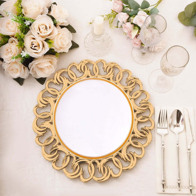 6-Pack Plastic Round Charger Plates 13’’ in Gold with Entwined Swirl Rim Plastic Disposable Decorative Chargers