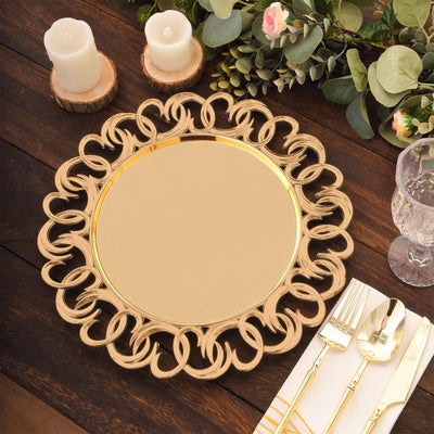6-Pack Plastic Round Charger Plates 13’’ in Gold with Entwined Swirl Rim Plastic Disposable Decorative Chargers