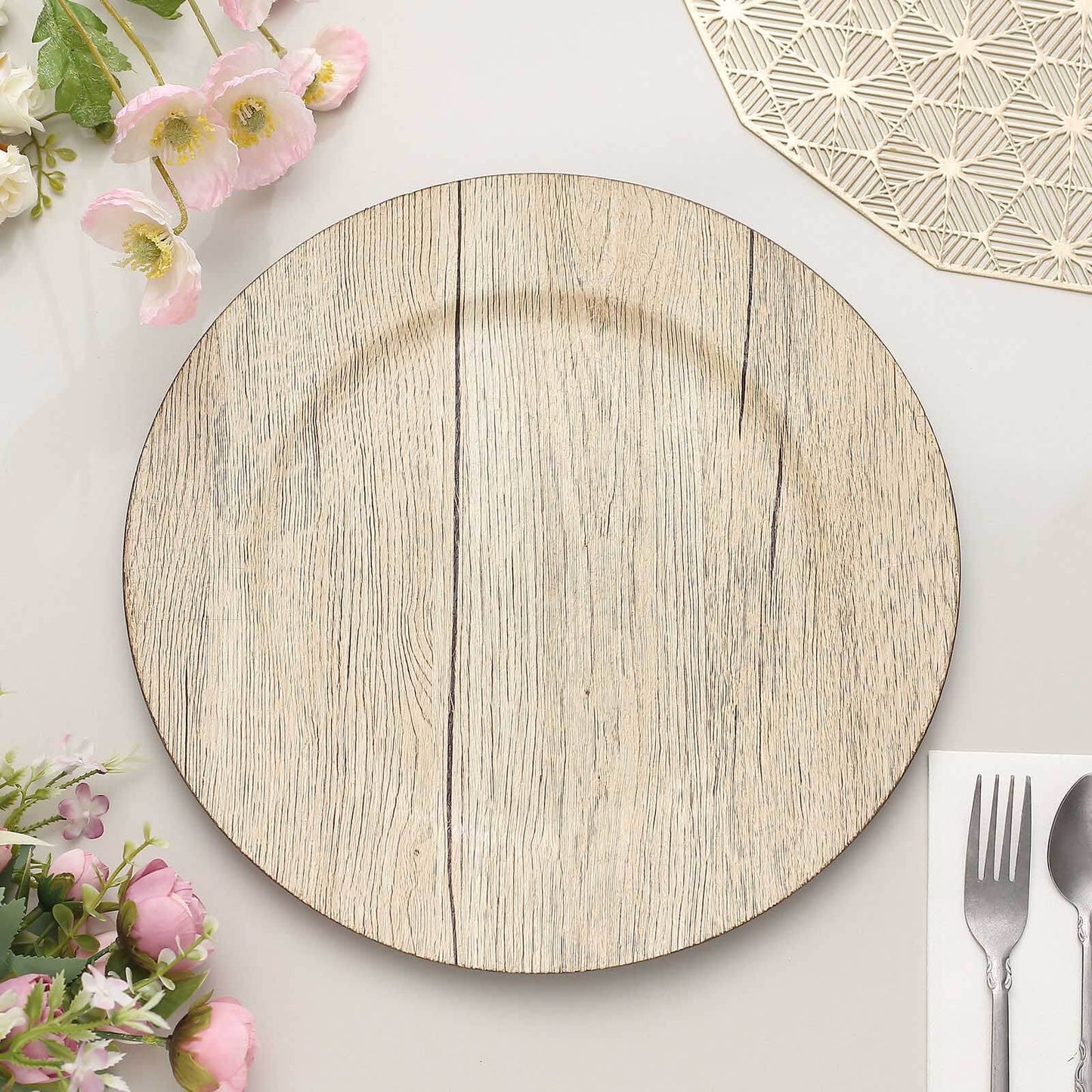 6-Pack Plastic Round Charger Plates 13" in Natural with Faux Wood Finish, Rustic Boho Chic Dinner Party Charger Tableware