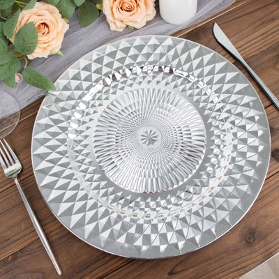6-Pack Plastic Round Charger Plates 13’’ in Silver with Diamond Pattern Sparkling Disposable Dinner Charger Tableware