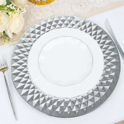 6-Pack Plastic Round Charger Plates 13’’ in Silver with Diamond Pattern Sparkling Disposable Dinner Charger Tableware