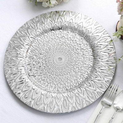 6-Pack Plastic Round Charger Plates 13’’ in Silver with Embossed Peacock Pattern Stylish Disposable Charger Tableware