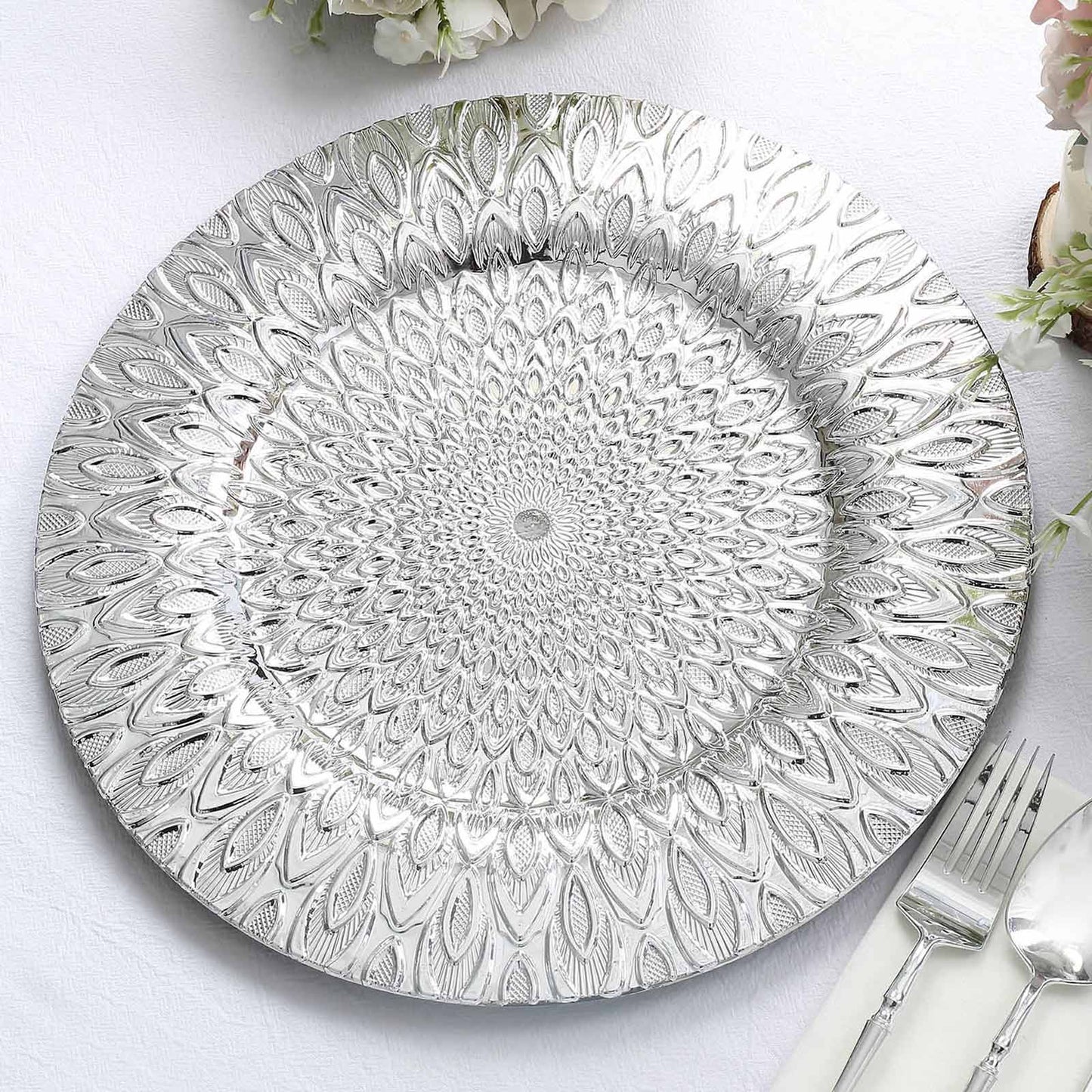 6-Pack Plastic Round Charger Plates 13" in Silver with Embossed Peacock Pattern, Stylish Disposable Charger Tableware