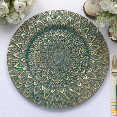 6-Pack Plastic Round Charger Plates 13’’ in Teal with Gold Embossed Peacock Pattern Stylish Disposable Charger