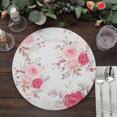 6-Pack Plastic Round Charger Plates 13’’ in White with Assorted Rose Floral Print Decorative Dinner Party Charger