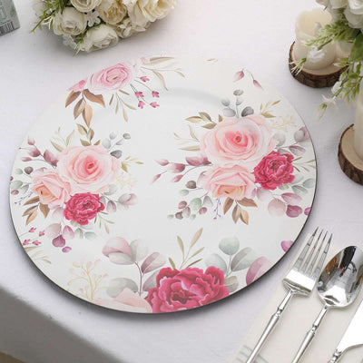 6-Pack Plastic Round Charger Plates 13’’ in White with Assorted Rose Floral Print Decorative Dinner Party Charger