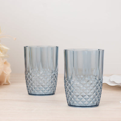 6-Pack Plastic Short Tumblers Dusty Blue Transparent Crystal Cut Style - Reusable All-Purpose Glasses 16oz - Drinkware
