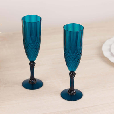 6-Pack Plastic Wedding Toast Flutes Navy Blue Transparent Crystal Cut Style - Reusable Champagne Glasses 8oz - Drinkware