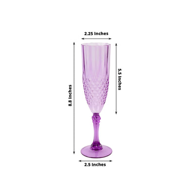 6-Pack Plastic Wedding Toast Flutes Purple Transparent Crystal Cut Style - Reusable Champagne Glasses 8oz - Drinkware