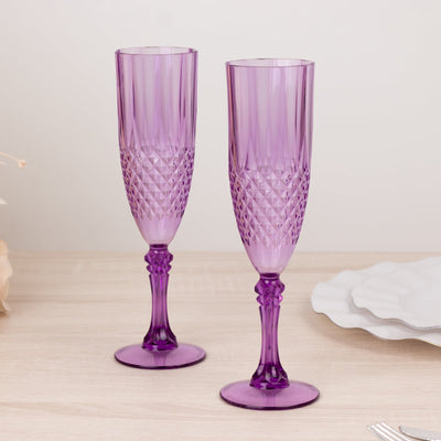 6-Pack Plastic Wedding Toast Flutes Purple Transparent Crystal Cut Style - Reusable Champagne Glasses 8oz - Drinkware