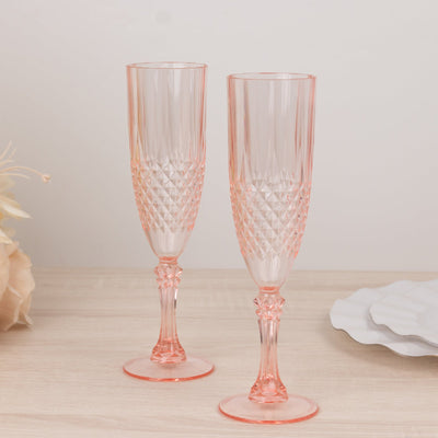 6-Pack Plastic Wedding Toast Flutes Transparent Blush Crystal Cut Style - Reusable Champagne Glasses 8oz - Drinkware