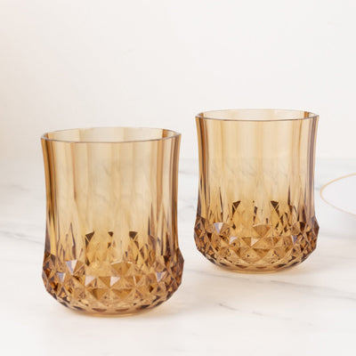 6-Pack Plastic Whiskey Cups Amber Gold Crystal Cut Style - Reusable Stemless Wine Glasses 8oz - Drinkware
