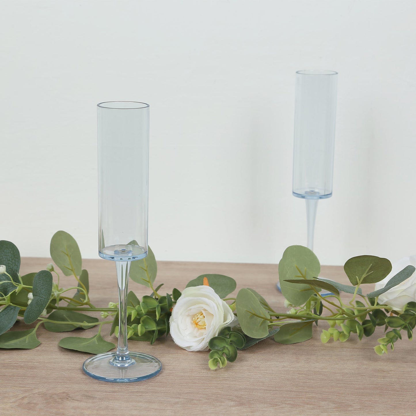 6-Pack Plastic Wine Mimosa Goblets Transparent Dusty Blue Cylindrical Shape - Reusable Champagne Flute Glasses 9.5" Tall 6oz