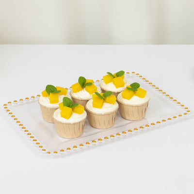 6-Pack Rectangular Acrylic Serving Trays Clear with Gold Beaded Rim - Food and Dessert Platters 9’’x13’’ - Serving Tray