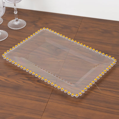 6-Pack Rectangular Acrylic Serving Trays Clear with Gold Beaded Rim - Food and Dessert Platters 9’’x13’’ - Serving Tray