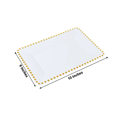 6-Pack Rectangular Acrylic Serving Trays White with Gold Beaded Rim - Food and Dessert Platters 9’’x13’’ - Serving Tray