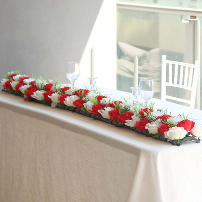 6 Pack Red Ivory Silk Rose Flower Panel Table Runner Artificial Floral Arrangements Wedding Table Centerpiece