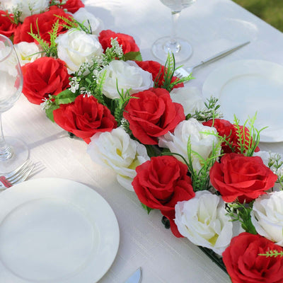 6 Pack Red Ivory Silk Rose Flower Panel Table Runner Artificial Floral Arrangements Wedding Table Centerpiece
