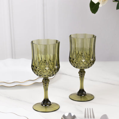 6-Pack Reusable Plastic Cocktail Goblets 8oz Dusty Sage Green Crystal Cut - Shatterproof Wine Glasses - Drinkware
