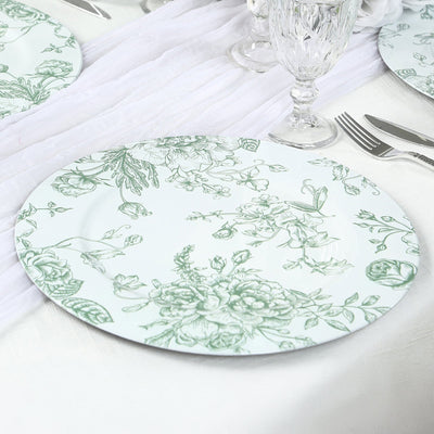 6 Pack Round Floral Acrylic Charger Plates in French Toile Pattern 13’’ White Sage Green Dinner Charger Event Tabletop