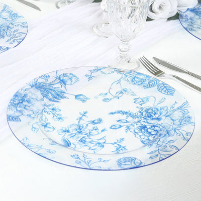 6 Pack Round Floral Acrylic Charger Plates in French Toile Pattern 13’’ Clear Light Blue Dinner Charger Event Tabletop