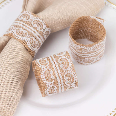 6 Pack Rustic Boho Chic Burlap and Lace Napkin Rings Farmhouse Style Jute Serviette Buckles Holder - Napkins