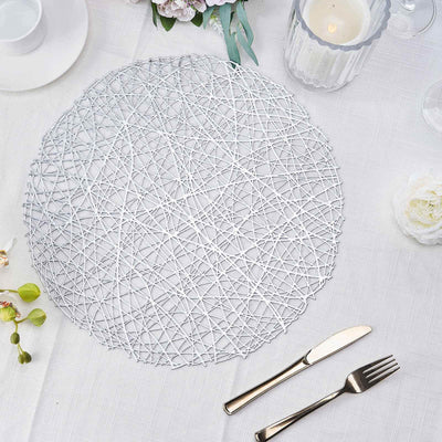 6-Pack Vinyl Placemats Silver Woven Design - Durable Non-Slip Round Table Mats for Dining 15"