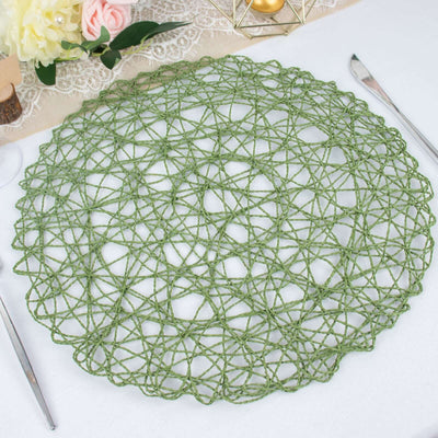 6-Pack Table Placemats Woven Fiber Design Olive Green Round - Disposable Mats for Dining and Events 15’’ - Placemat