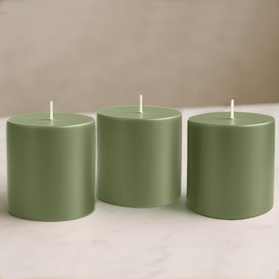 6-Pack Unscented Dripless Pillar Candles â€“ 3’’x3’’ Dusty Sage Green Paraffin Wax with Smokeless Cotton Wicks Clean &