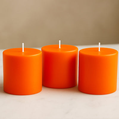 6-Pack Unscented Dripless Pillar Candles â€“ 3’’x3’’ Orange Paraffin Wax with Smokeless Cotton Wicks Clean &