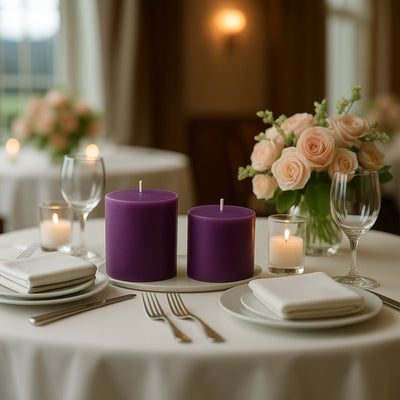 6-Pack Unscented Dripless Pillar Candles â€“ 3’’x3’’ Purple Paraffin Wax with Smokeless Cotton Wicks Clean &