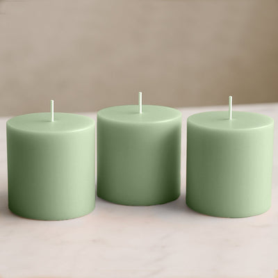 6-Pack Unscented Dripless Pillar Candles â€“ 3’’x3’’ Sage Green Paraffin Wax with Smokeless Cotton Wicks Clean &