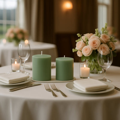 6-Pack Unscented Dripless Pillar Candles â€“ 3’’x3’’ Sage Green Paraffin Wax with Smokeless Cotton Wicks Clean &